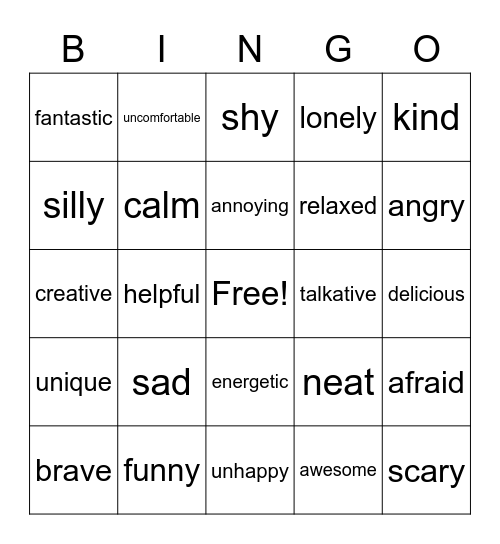 Positive Negative Adjective Bingo Card