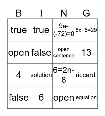 Introduction to Equations Bingo Card