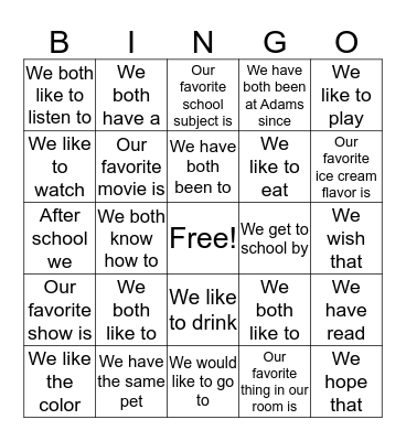 Class Connections Bingo Card