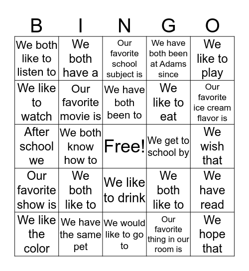 Class Connections Bingo Card