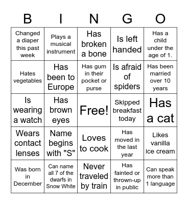 Getting to know you Bingo Card