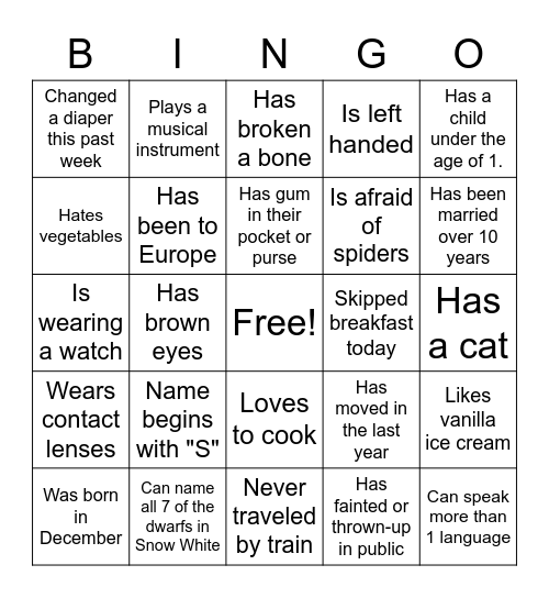 Getting to know you Bingo Card