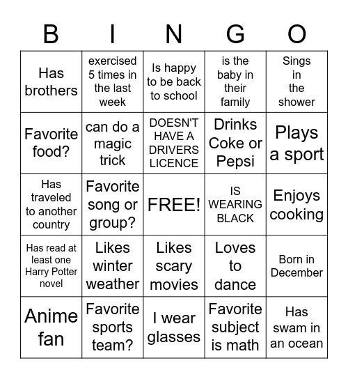 Getting to Know You Bingo Card