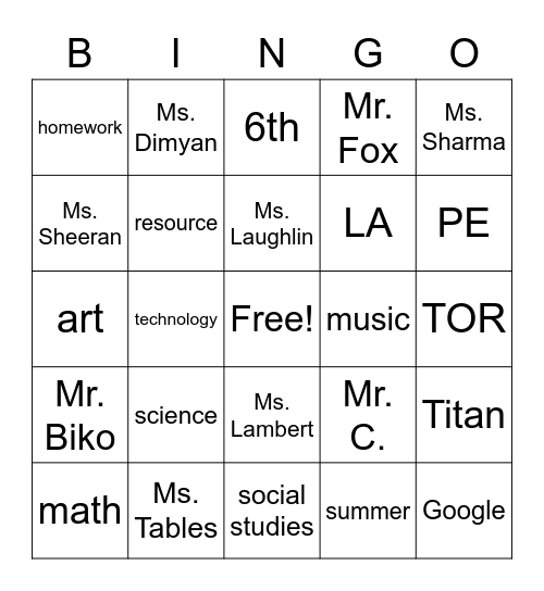 TOR Grade 6 (A Team) Bingo Card