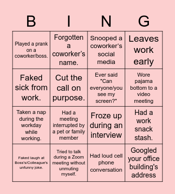 Never Have I Ever Bingo Card