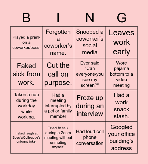 Never Have I Ever Bingo Card