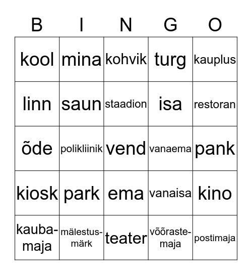 Vene keele sõnad Bingo Card