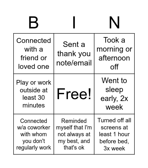 Butler Well-Being Bingo Card