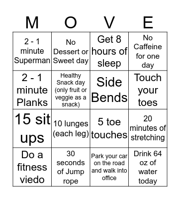 Fitness Bingo Card