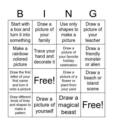 Kindergarten and First Grade Art Bingo Card