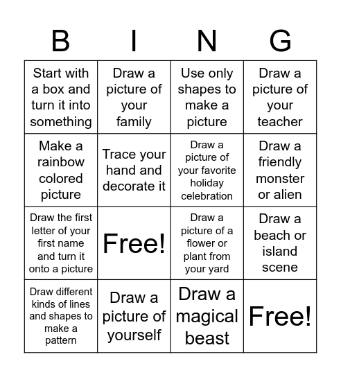 Kindergarten and First Grade Art Bingo Card