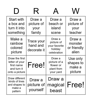 Kindergarten and First Grade Art Bingo Card