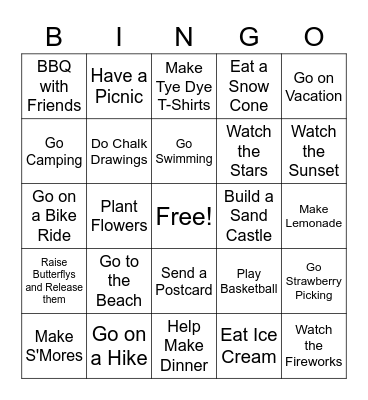 Summer Fun Bingo Card