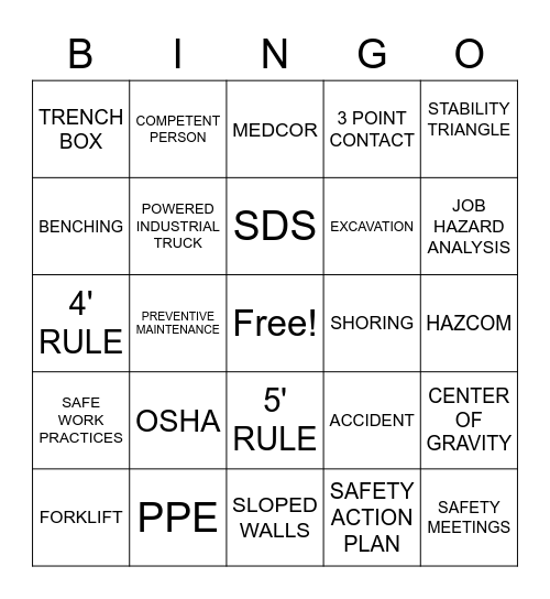 SAFETY BINGO Card