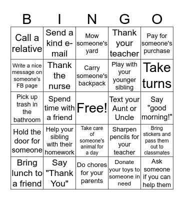 Kindness Bingo  Bingo Card