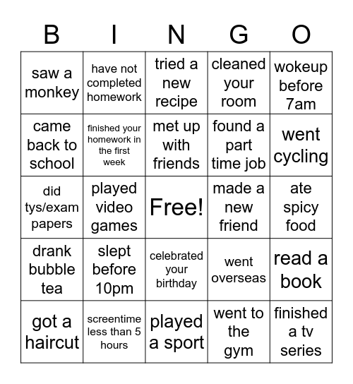 what i did during the june holidays Bingo Card