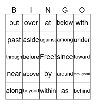 Prepositions Bingo Card