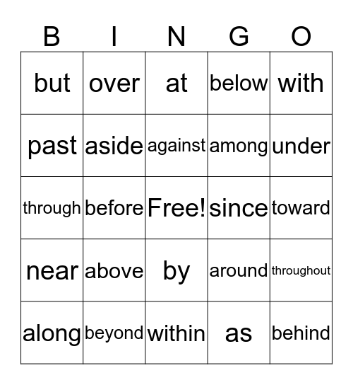 Prepositions Bingo Card