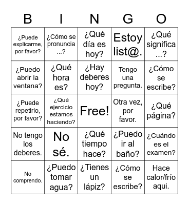Frases y preguntas de clase Bingo Card