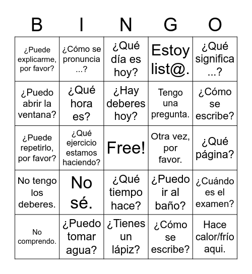 Frases y preguntas de clase Bingo Card