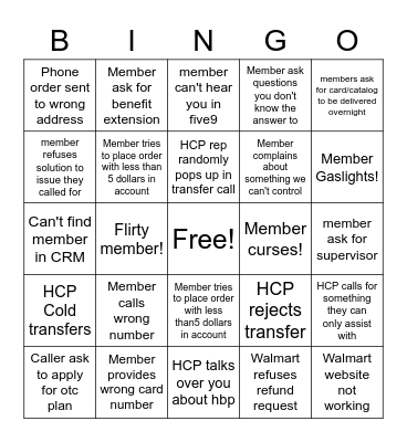 Crazy Call Bingo Card