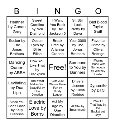 Pop Music Bingo Card