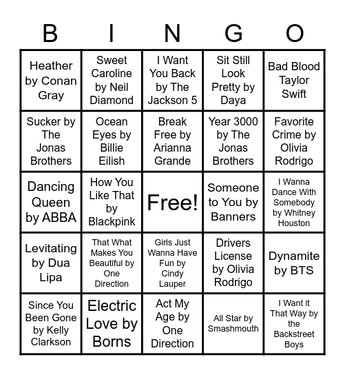 Pop Music Bingo Card