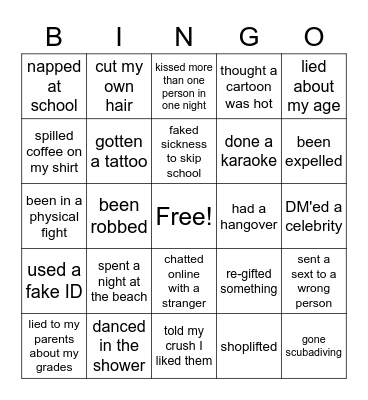Never have I ever Bingo Card