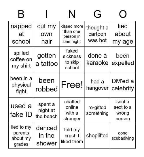 Never have I ever Bingo Card