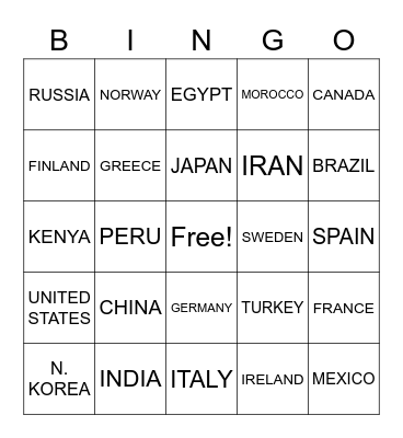 COUNTRIES OF THE WORLD Bingo Card