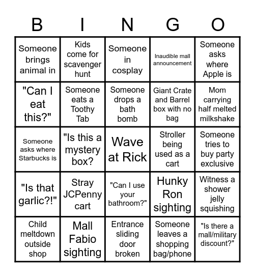 Mall Watching Bingo Card