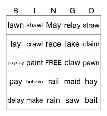 Long A Sound Bingo Card