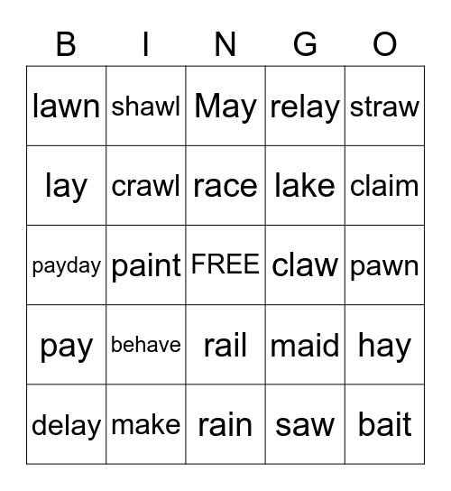 Long A Sound Bingo Card