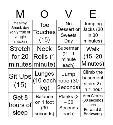 Fitness Bingo Card