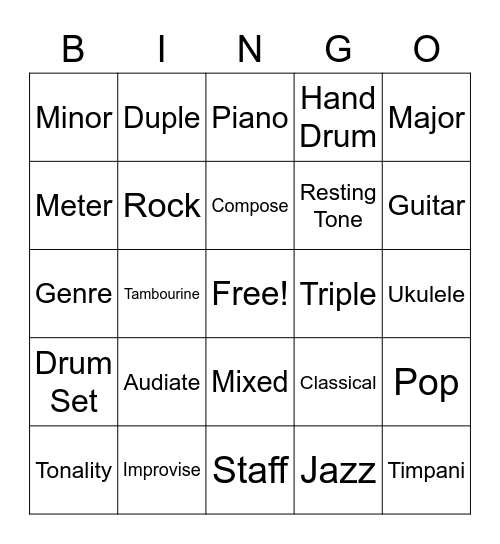 Music Words Bingo Card