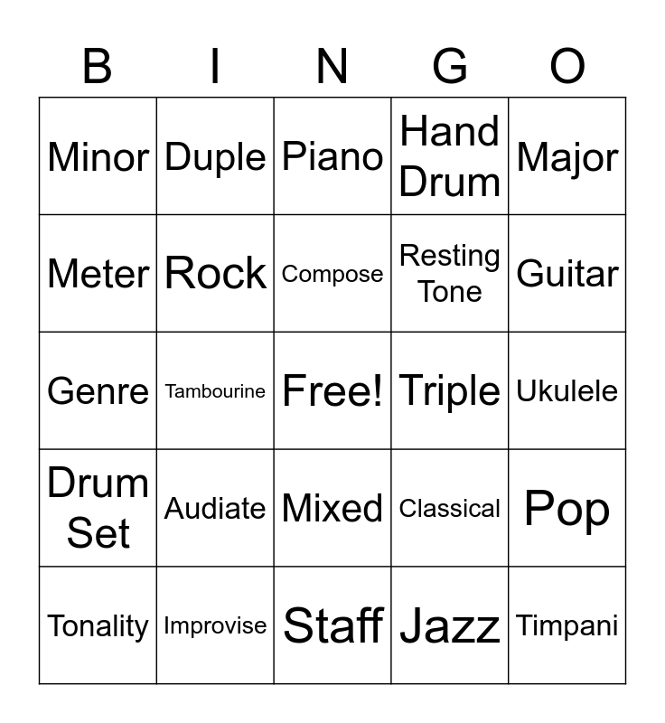 Music Words Bingo Card