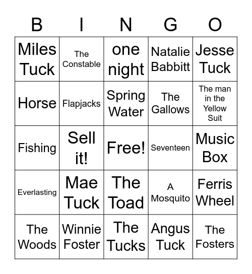 Tuck Everlasting Bingo Card