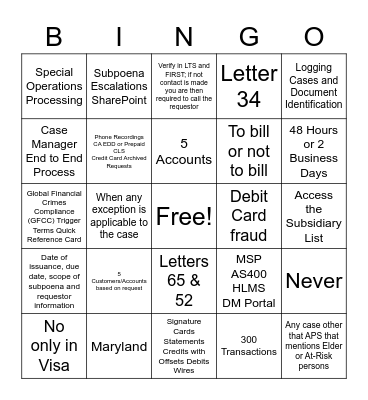 Subpoena Bingo Card