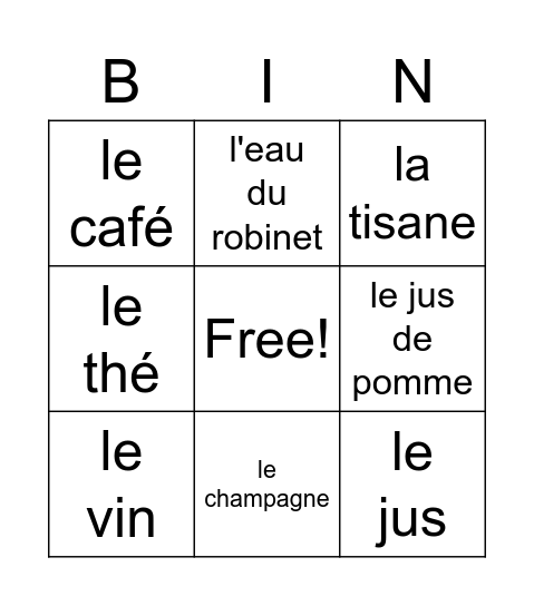 French drinks Bingo Card