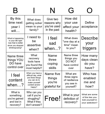 RECOVERY BINGO Card