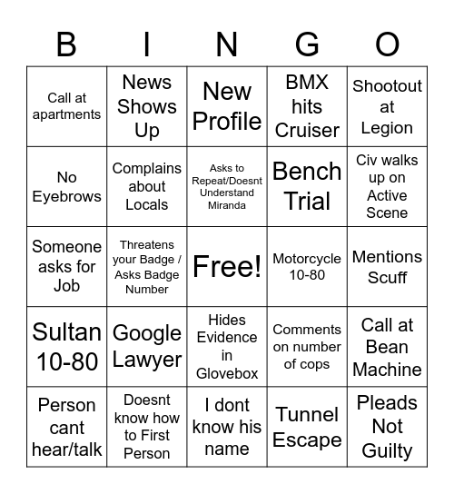 NoPixel 3.0 Cop Bingo Card