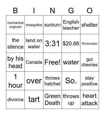 Hatchet Ch 1-8 Bingo Card