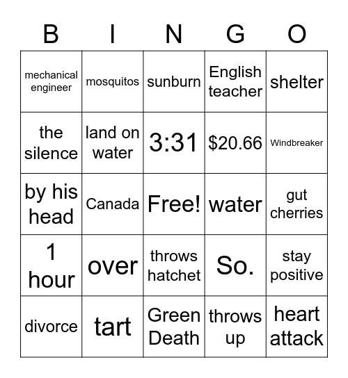 Hatchet Ch 1-8 Bingo Card