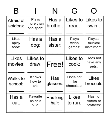 Get To Know Your Classmates Bingo Card