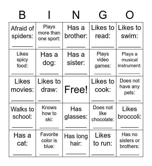 Get To Know Your Classmates Bingo Card