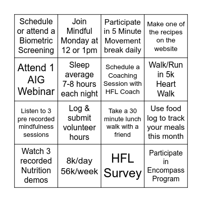 Healthy For Life Monthly Challenges Bingo Card