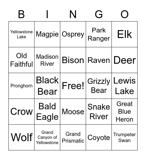 Yellowstone Bingo Card