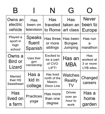 CVO LIFT BINGO Card