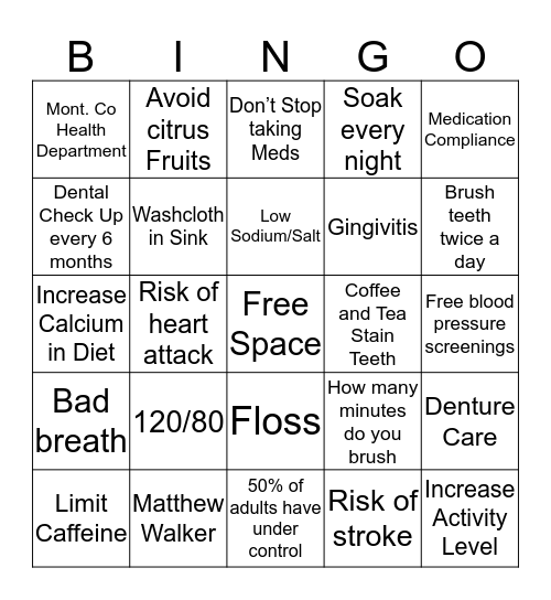 Learning about High Blood Pressure and Dental Hygiene Bingo Card