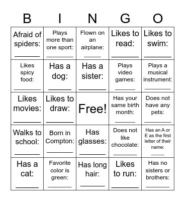 Get To Know Your Classmates Bingo Card